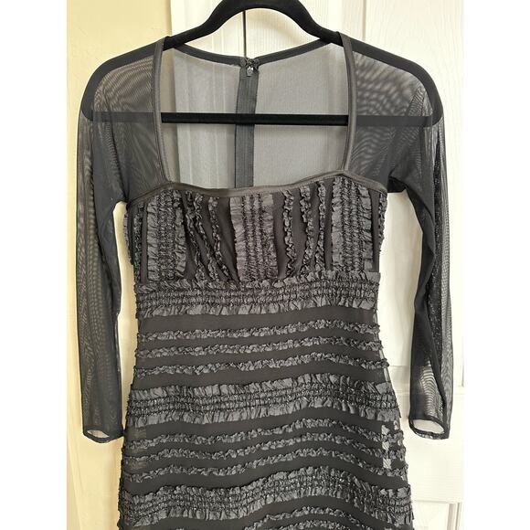 Vintage Tadashi‎ Black Mini Dress Long Sleeve Mesh Ruffle Trim Party Cocktail - Picture 3 of 11